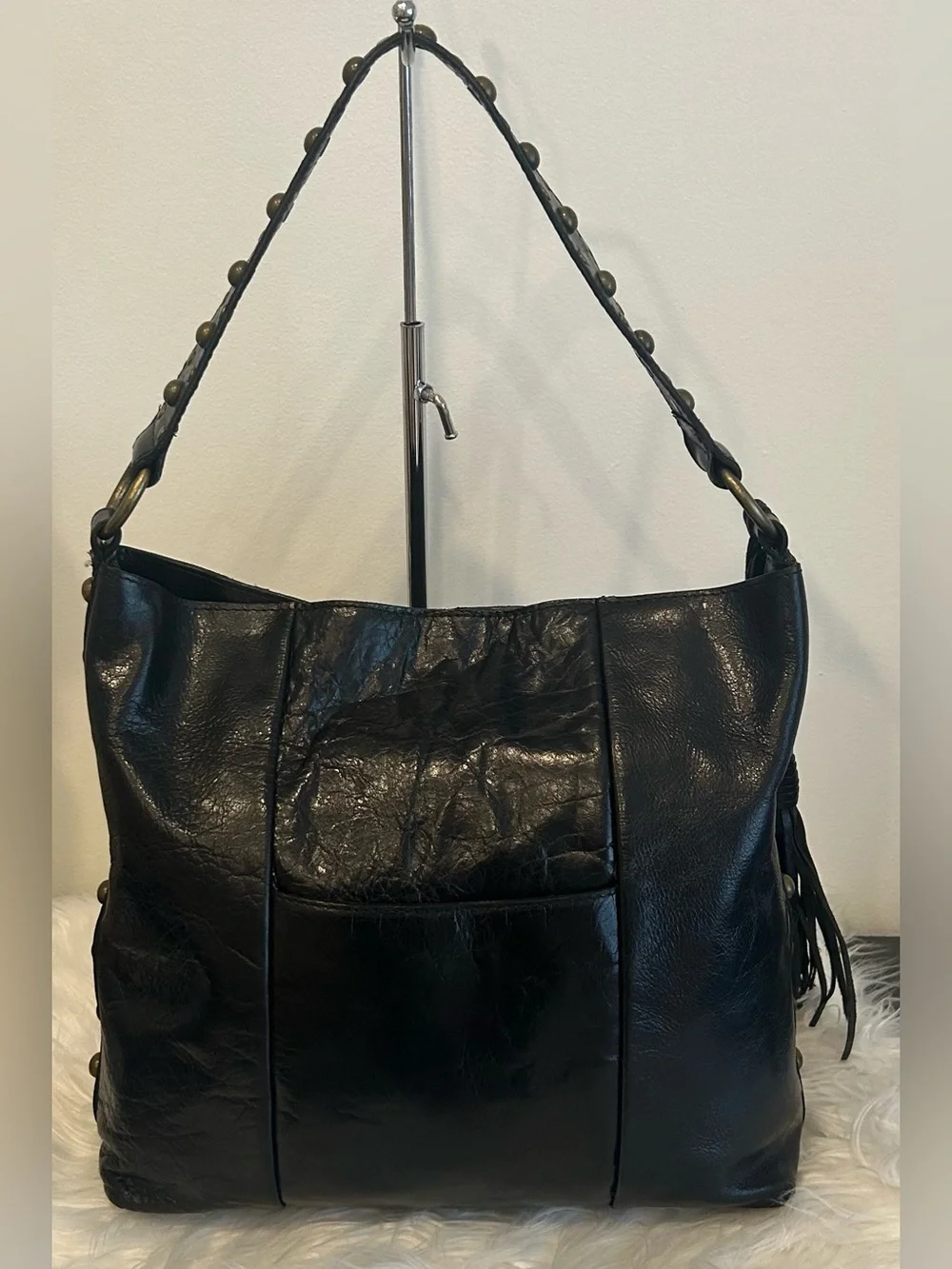 Angel By L. Martino Black Leather Shoulder Bag Crossbody Slouchy Hobo Purse